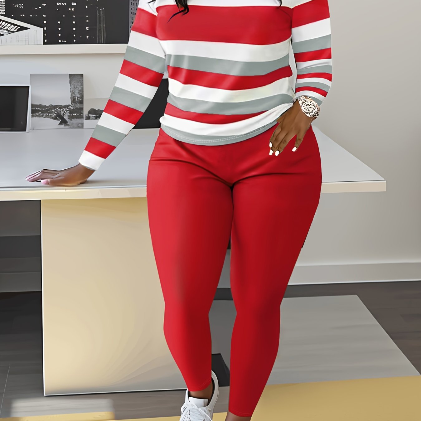 Two-piece Slim Matching Set: Long Sleeve Crew Neck Striped Color Block T-shirt & Solid Elastic Waist Pants Outfits for Women