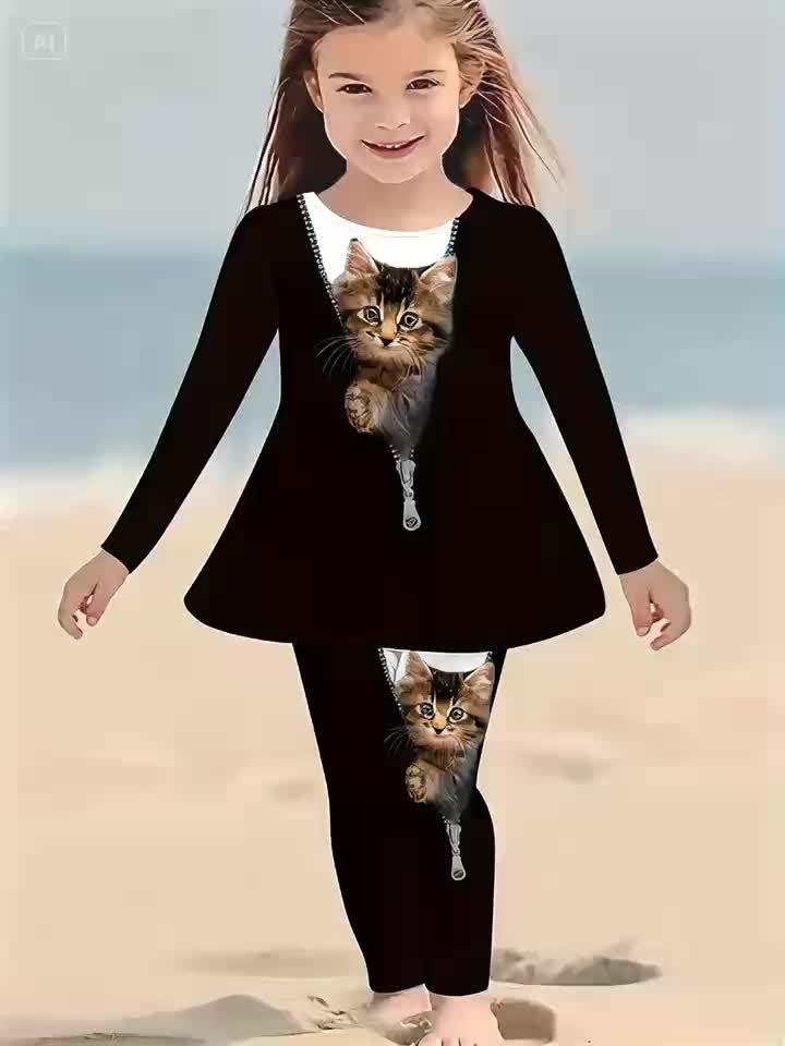 3D Printed Cat Pattern Kids Dress And Pants Outfit