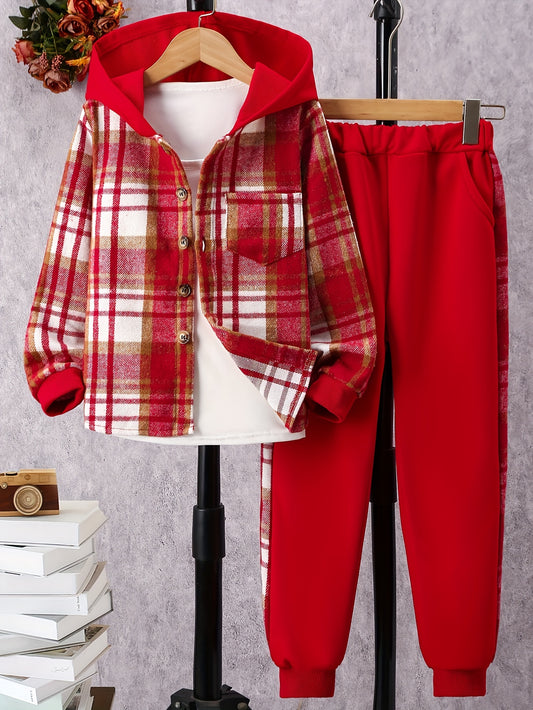 Girls Plaid Hooded Shirt And Jogger Set With Pocket