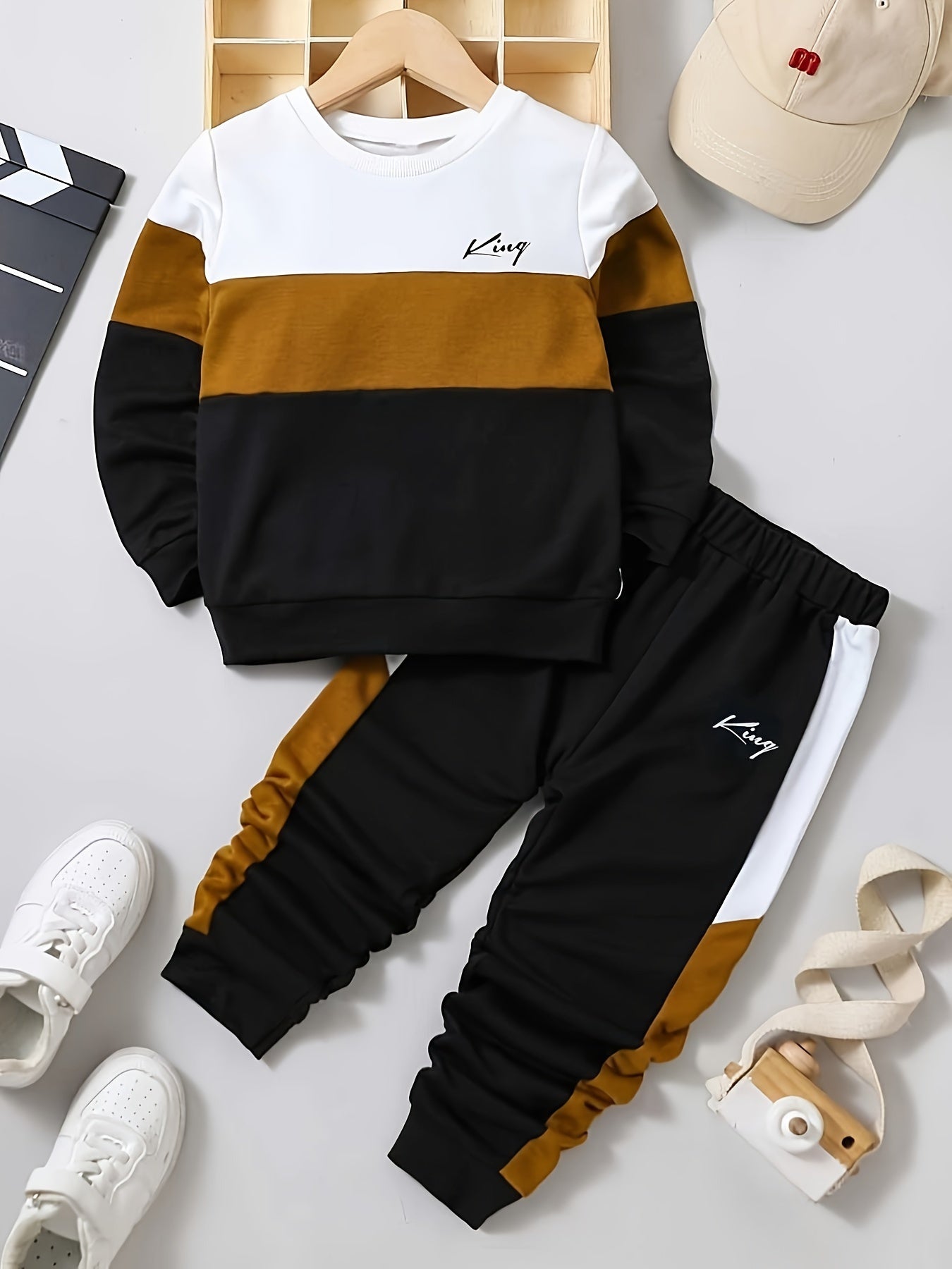 Kids Autumn Winter Spliced Long Sleeve Sweater And Pants Set