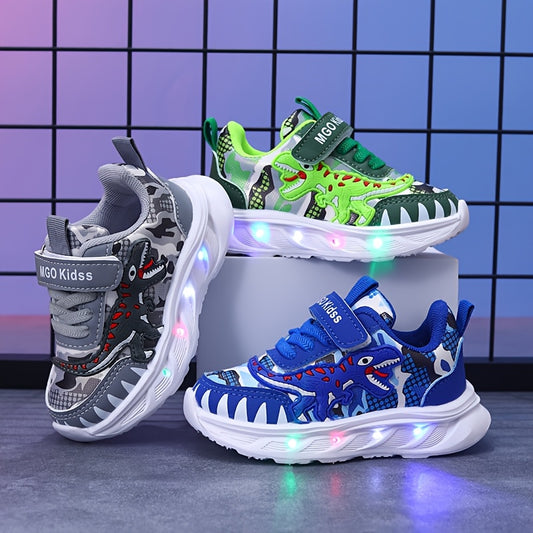 MGO Kidss new dinosaur sports shoes in spring and autumn, with LED lights, artificial  surface boy shoes, bright sports shoes, boy dinosaur shoes, spring and autumn cartoon boy sports shoes, flashing lights suitable for 1-6 y