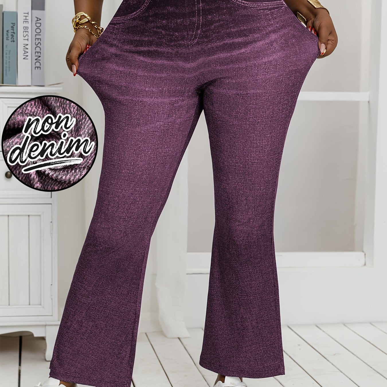 Plus Size, [Denim Print/Imitation Denim] Women's Plus Size High-Waisted Light Wash Blue Distressed All-Over Print Wide-Leg Tapered Bell-Bottom Jeans - Stretchy Comfortable Loose-Fit Trousers with Faux Pockets, Machine Washabl