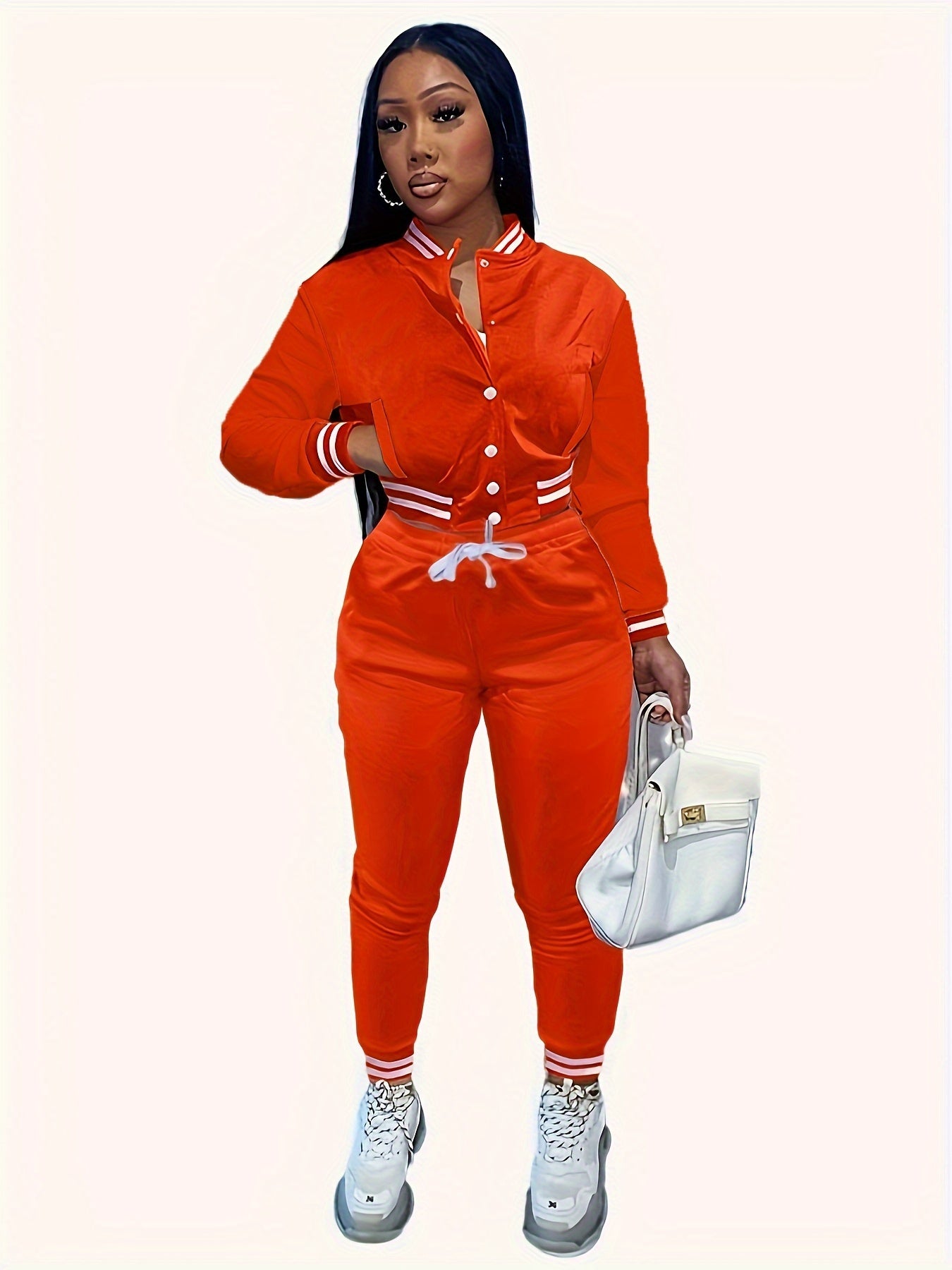 [Casual Baseball Jacket Set] Women's Casual Two-Piece Set - Solid Color Baseball Jacket & Pants, Long Sleeve, Regular Fit, Single-Breasted Buttons | Casual Style