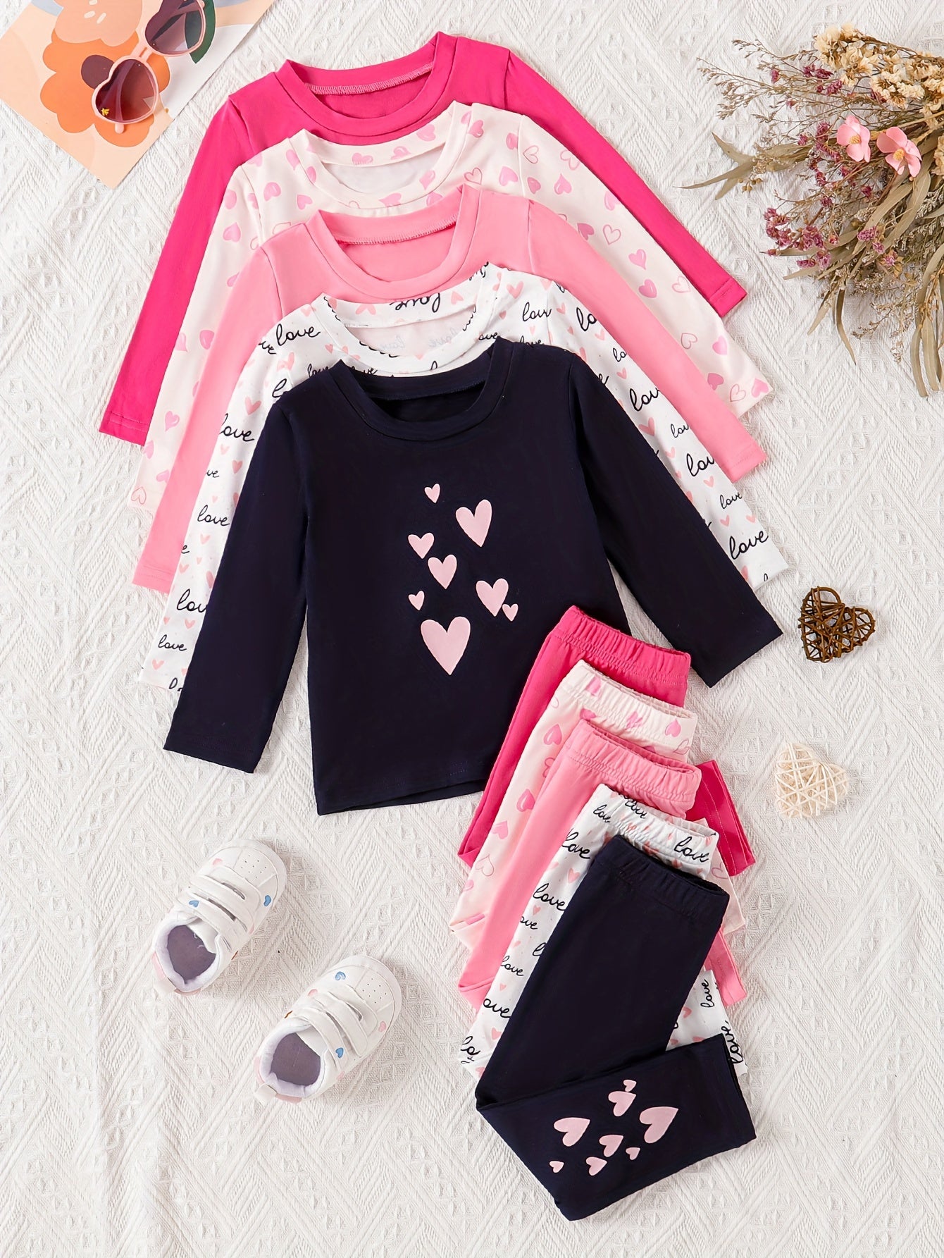 Baby Girls Casual Long Sleeve Pants Set With Heart Print