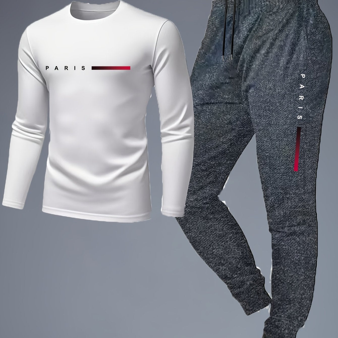 Men'S Casual Athletic Set - Red Long Sleeve T-Shirt with "PARIS" Logo & Black Joggers, Comfortable Polyester Blend, Perfect for Home or Gym, Gym Apparel|Casual Style|Polyester Blend
