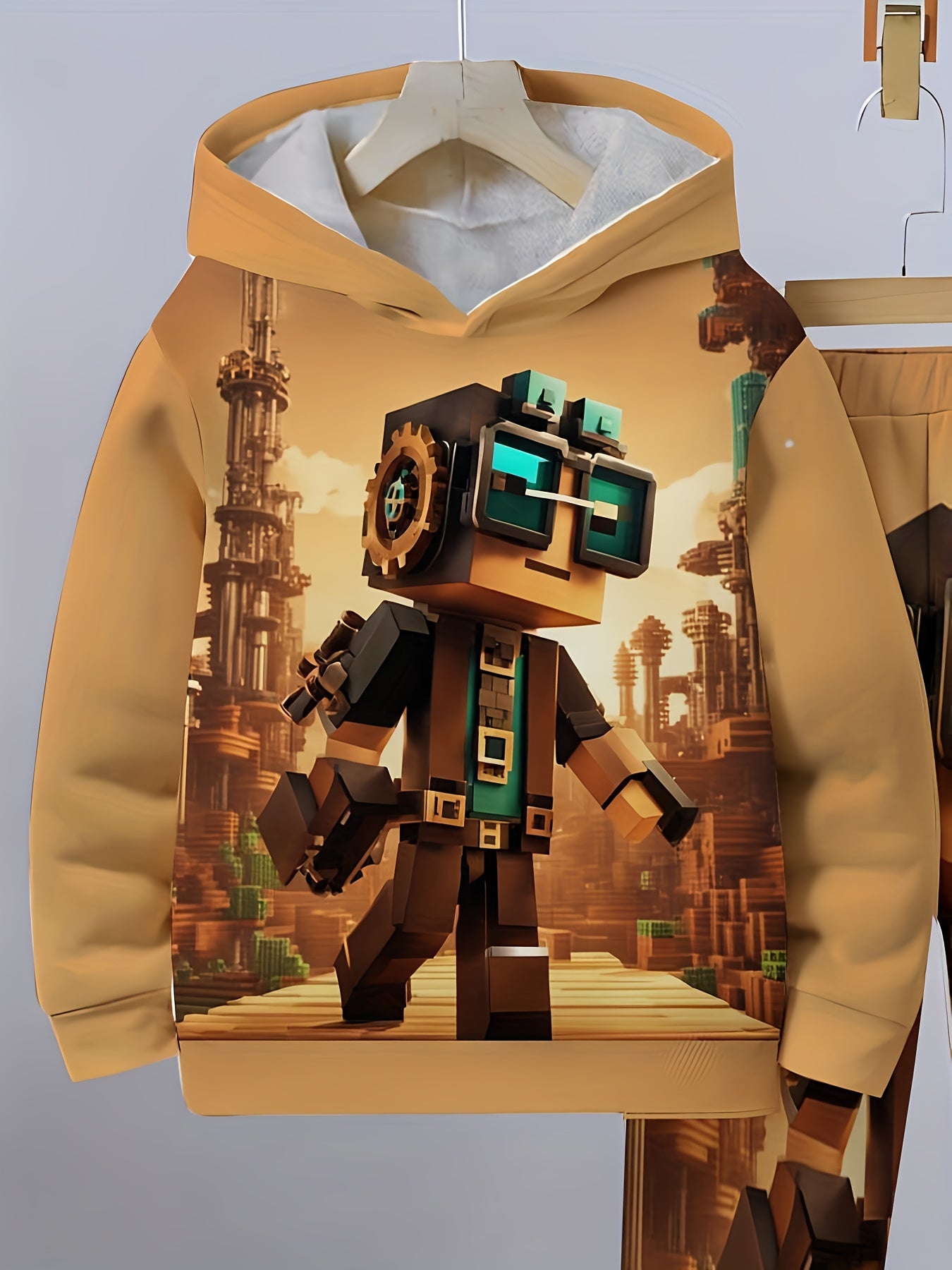 Boys Pixel Adventure Hoodie And Sweatpants Set Machine Washable Polyester