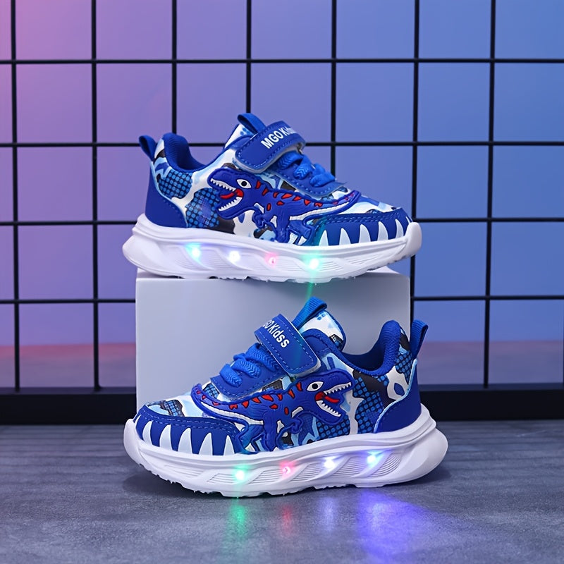 MGO Kidss new dinosaur sports shoes in spring and autumn, with LED lights, artificial  surface boy shoes, bright sports shoes, boy dinosaur shoes, spring and autumn cartoon boy sports shoes, flashing lights suitable for 1-6 y