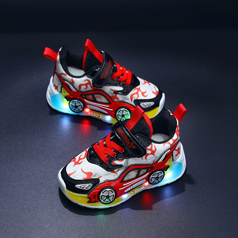 MGO Kidss 2025 Spring New Arrival - Cartoon Car & Fire Truck Light-Up Sneakers for Kids, Low Top Sneakers with Red & Blue Car Design, Casual & Sporty Style, Disposable Battery Powered, 14 and Under, Casual Footwear | Vibrant