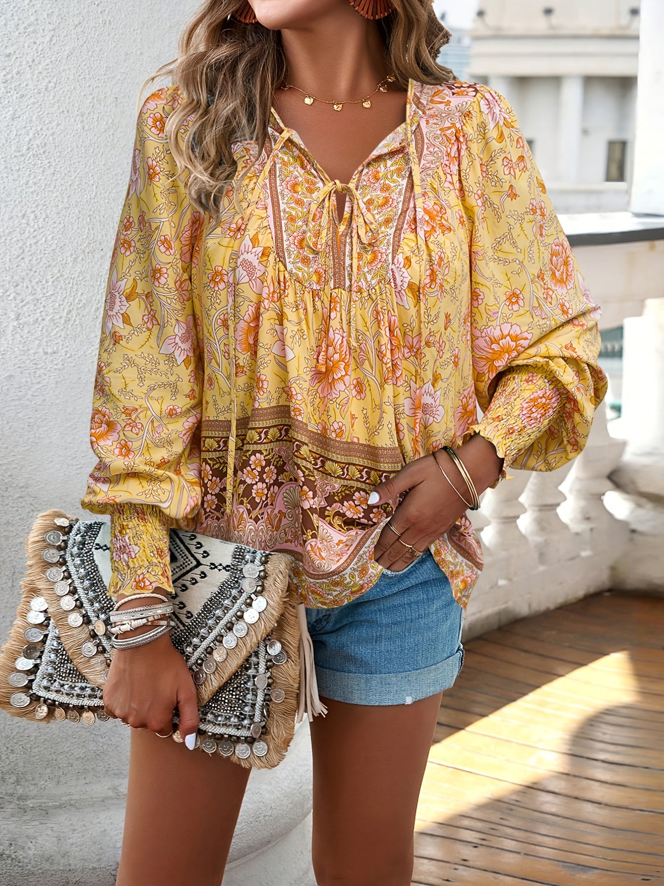 Floral Print V Neck Blouse With Drawstring Long Sleeve