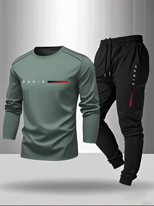 Men'S Casual Athletic Set - Red Long Sleeve T-Shirt with "PARIS" Logo & Black Joggers, Comfortable Polyester Blend, Perfect for Home or Gym, Gym Apparel|Casual Style|Polyester Blend
