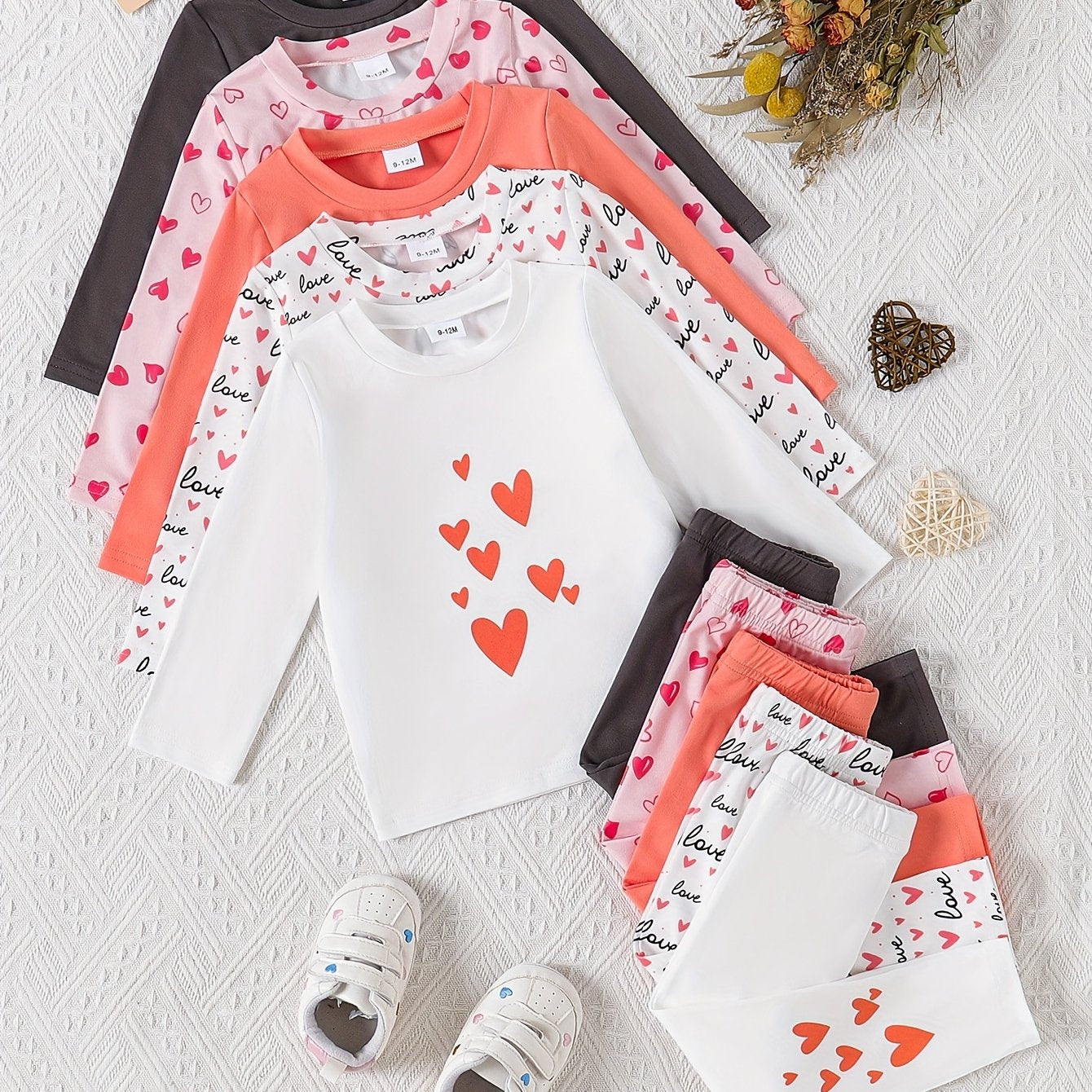 Baby Girls Casual Long Sleeve Pants Set With Heart Print