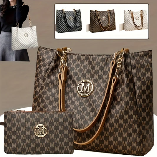 2pcs Women's Vintage Shoulder Bag Set, Large Capacity Tote Bag with Fixed Shoulder Strap, Synthetic, Zipper Closure, Polyester Lining, Lightweight, Random Print Design, Perfect for Daily Commuting and Carrying Cell Phones,