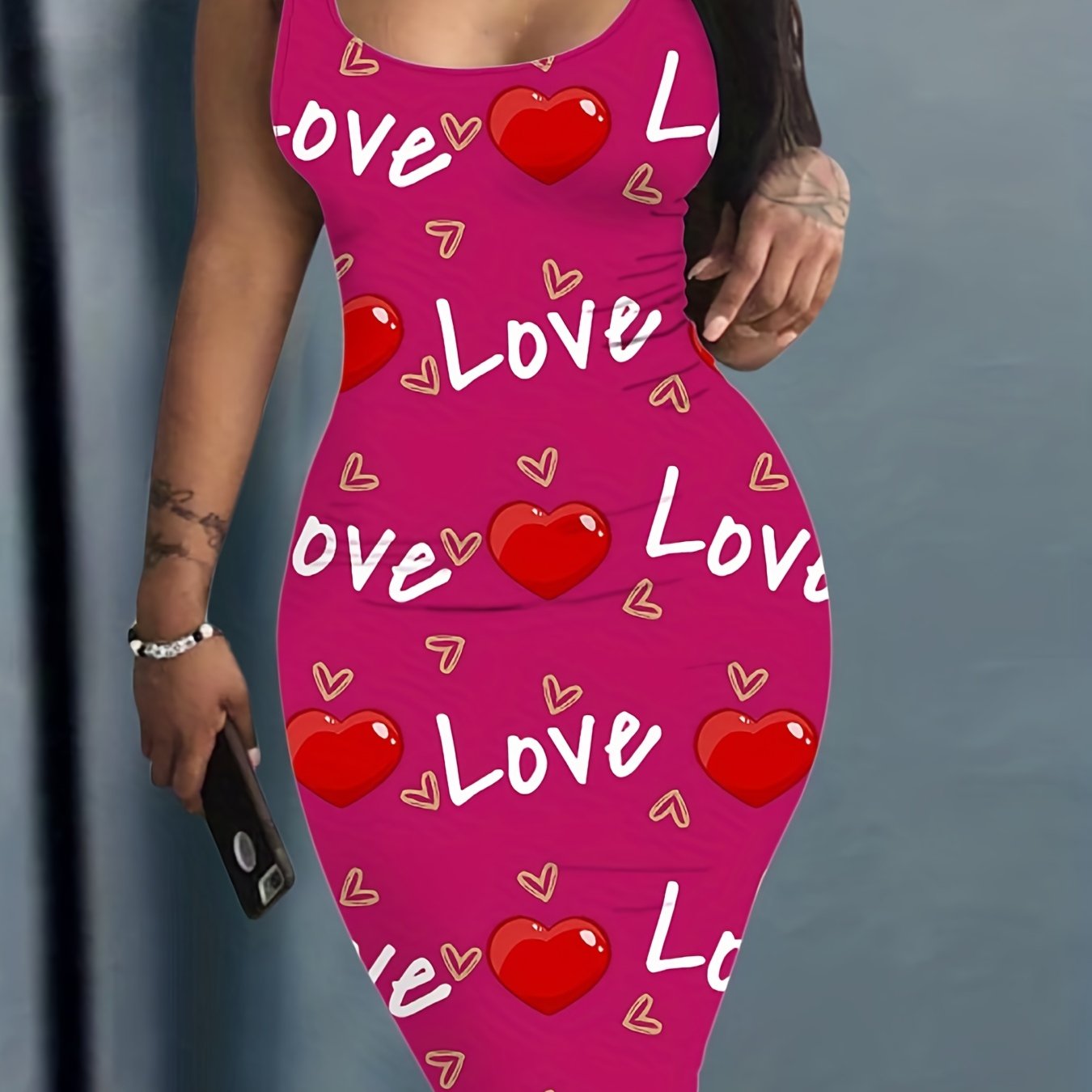Heart And Letter Print Tank Dress Sleeveless U Neck Women