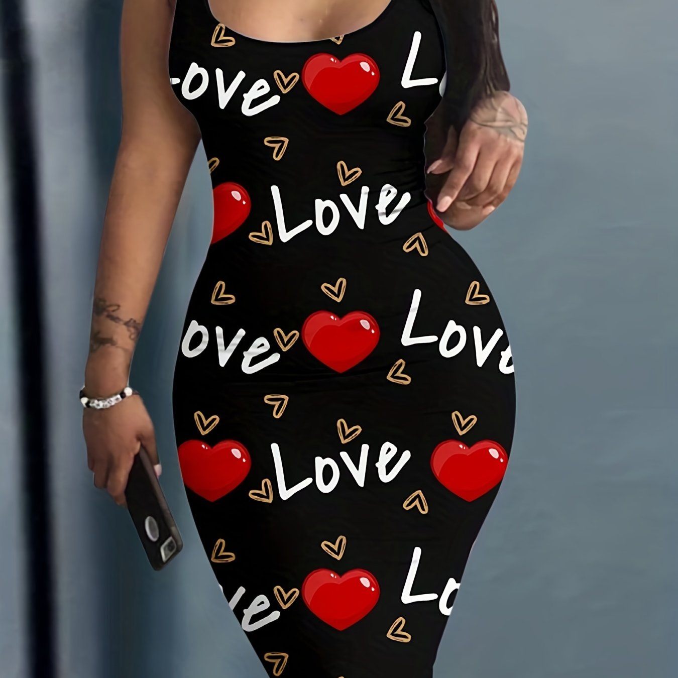 Heart And Letter Print Tank Dress Sleeveless U Neck Women