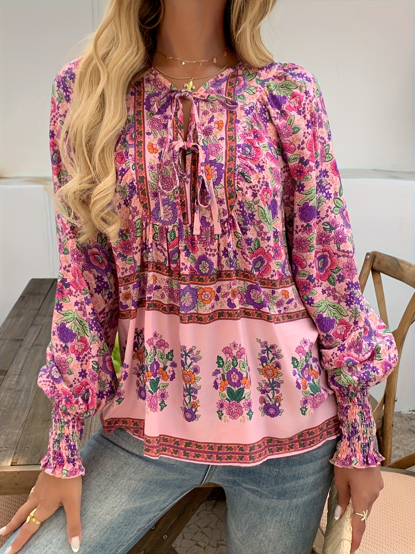 Floral Print V Neck Blouse With Drawstring Long Sleeve