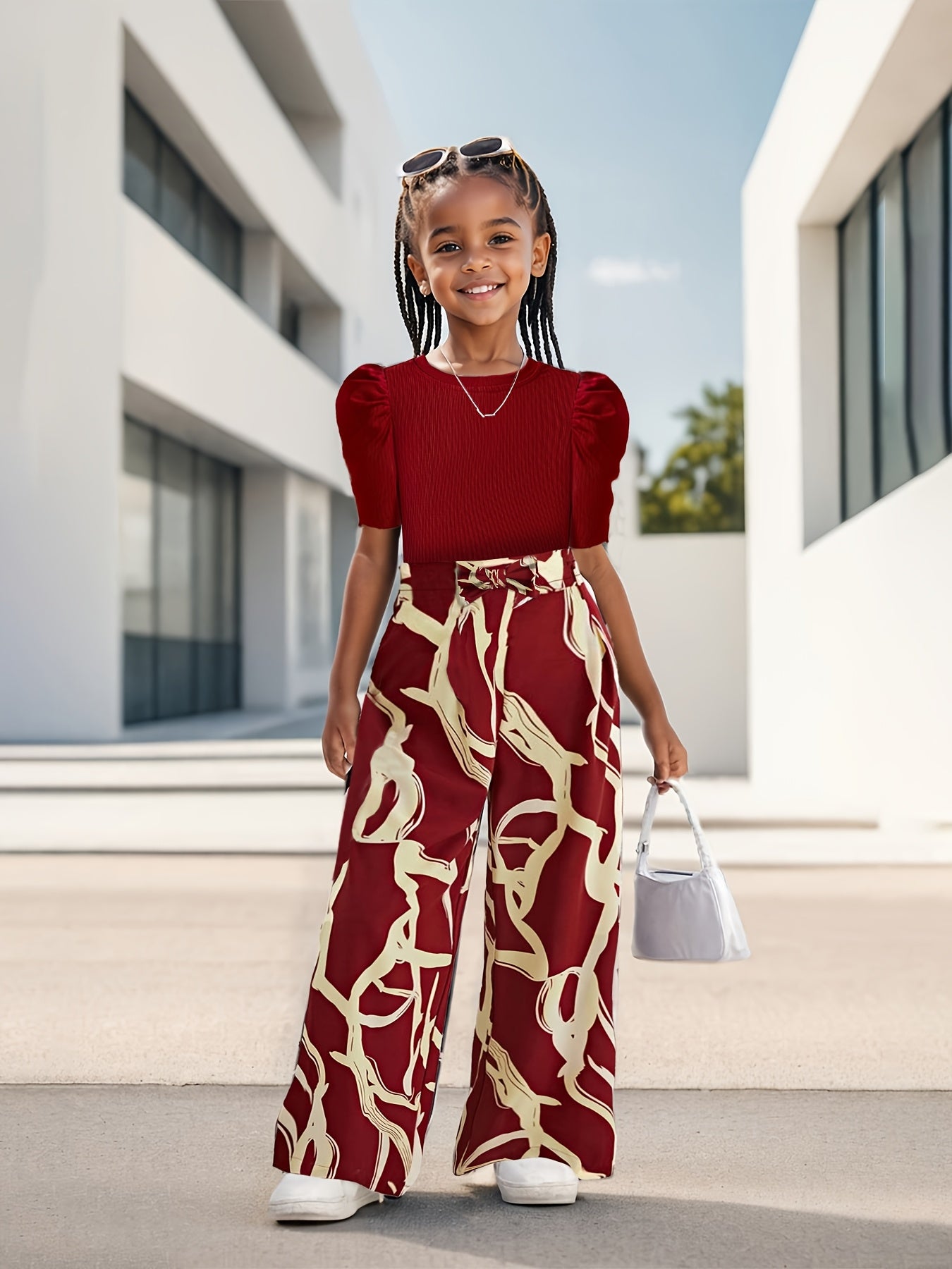 Floral Print Bubble Sleeve Top And Wide Leg Kids Set