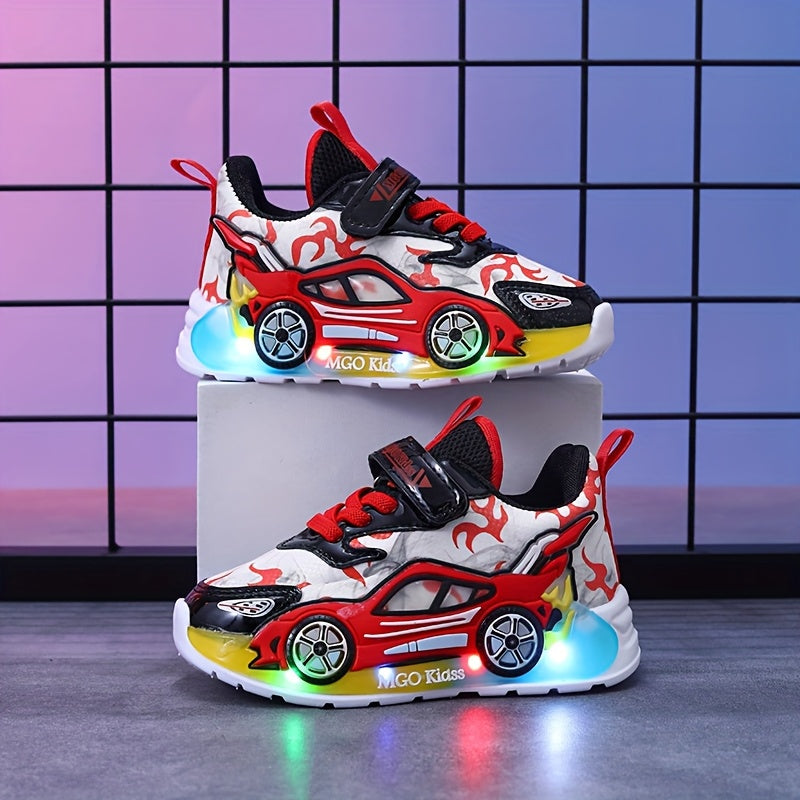 MGO Kidss 2025 Spring New Arrival - Cartoon Car & Fire Truck Light-Up Sneakers for Kids, Low Top Sneakers with Red & Blue Car Design, Casual & Sporty Style, Disposable Battery Powered, 14 and Under, Casual Footwear | Vibrant