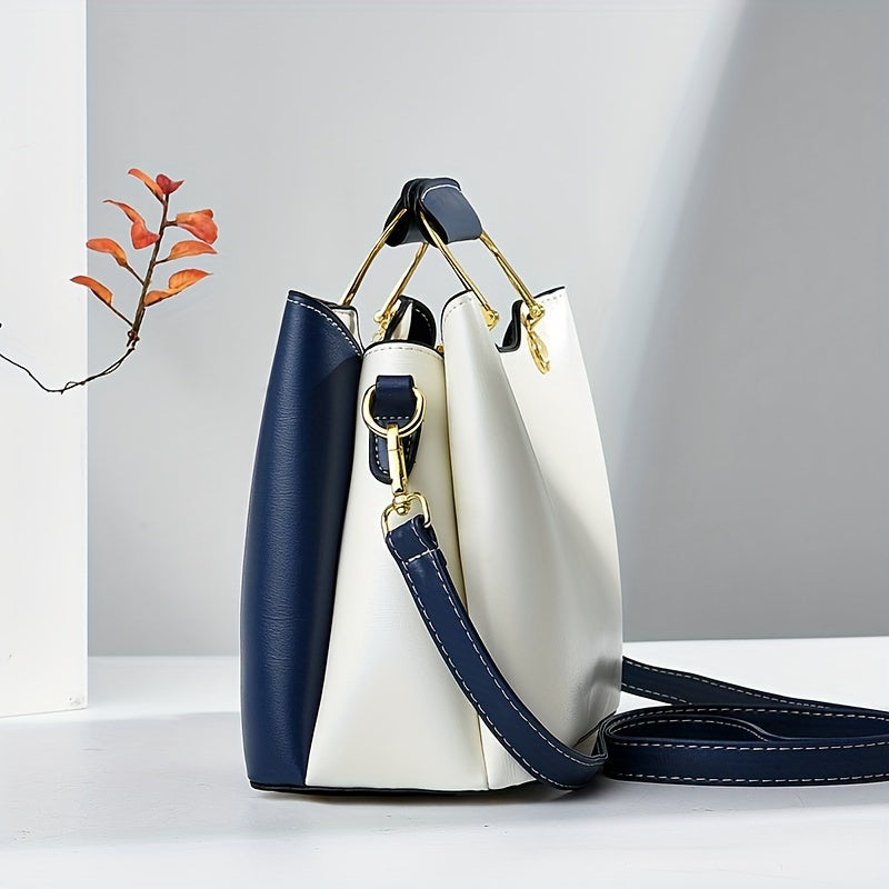 2024 New Women's Color-Block Tote Bag with Adjustable Crossbody/Shoulder Strap, Golden-Tone Hardware & Magnetic Closure - High Quality Casual Handbag for Commuting, Work, Travel - Navy/Beige/White Contrast Design, Crossbody P