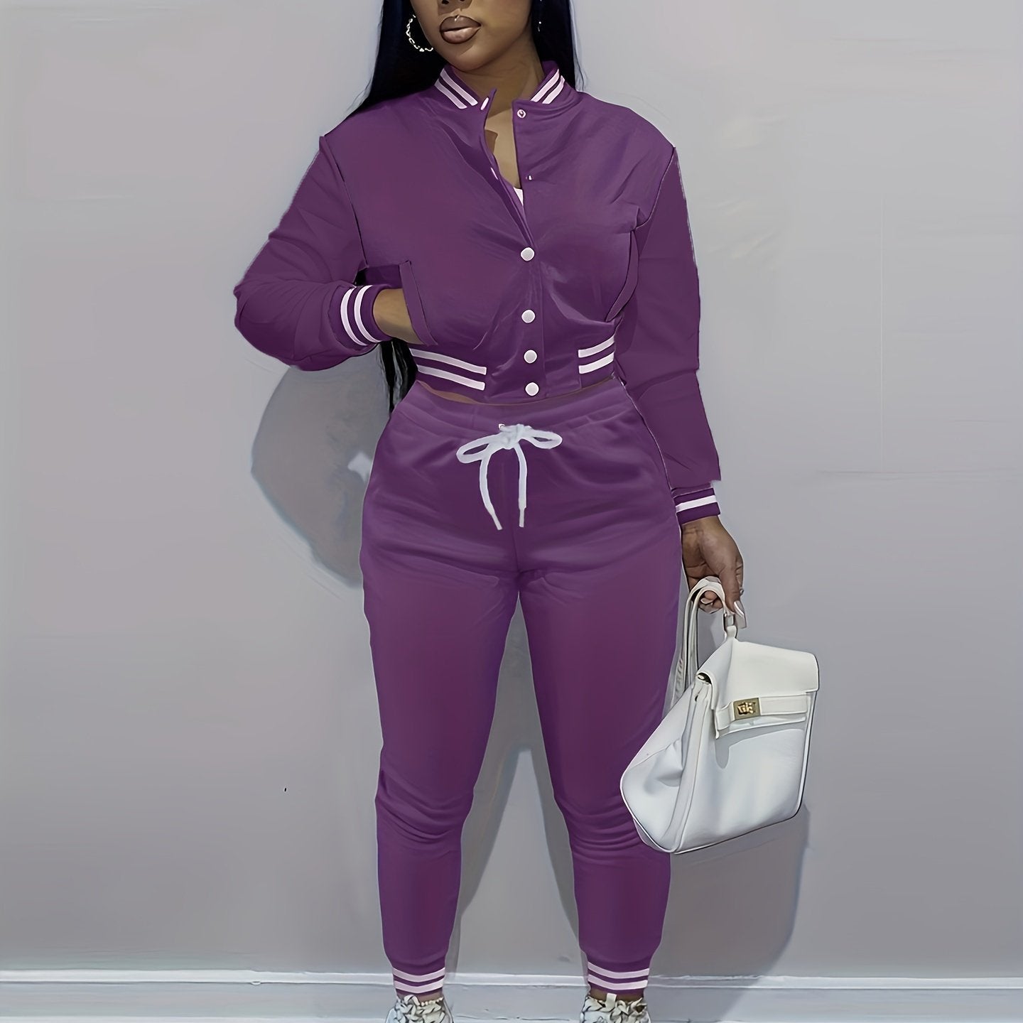 [Casual Baseball Jacket Set] Women's Casual Two-Piece Set - Solid Color Baseball Jacket & Pants, Long Sleeve, Regular Fit, Single-Breasted Buttons | Casual Style