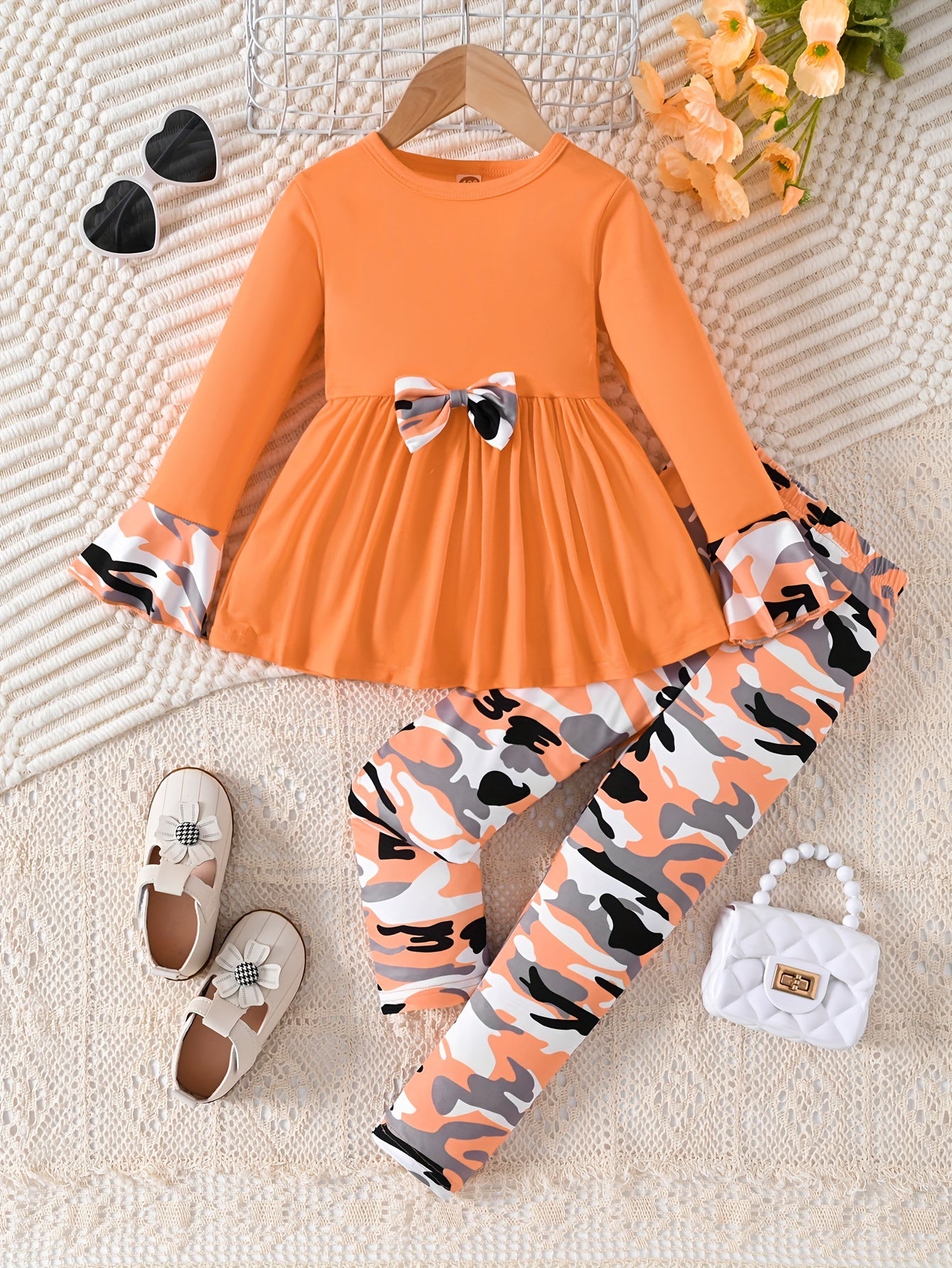 Girls Camouflage Bow Tie Flared Dress and Print Pants Set