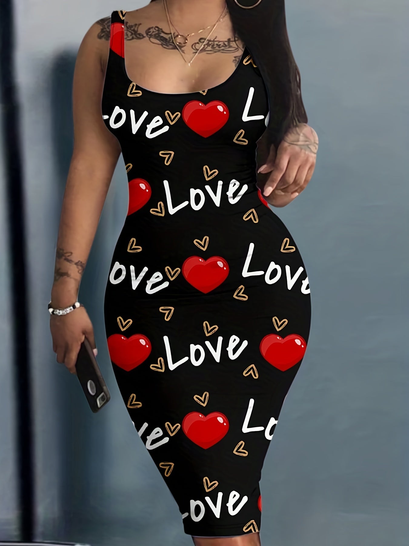 Heart And Letter Print Tank Dress Sleeveless U Neck Women