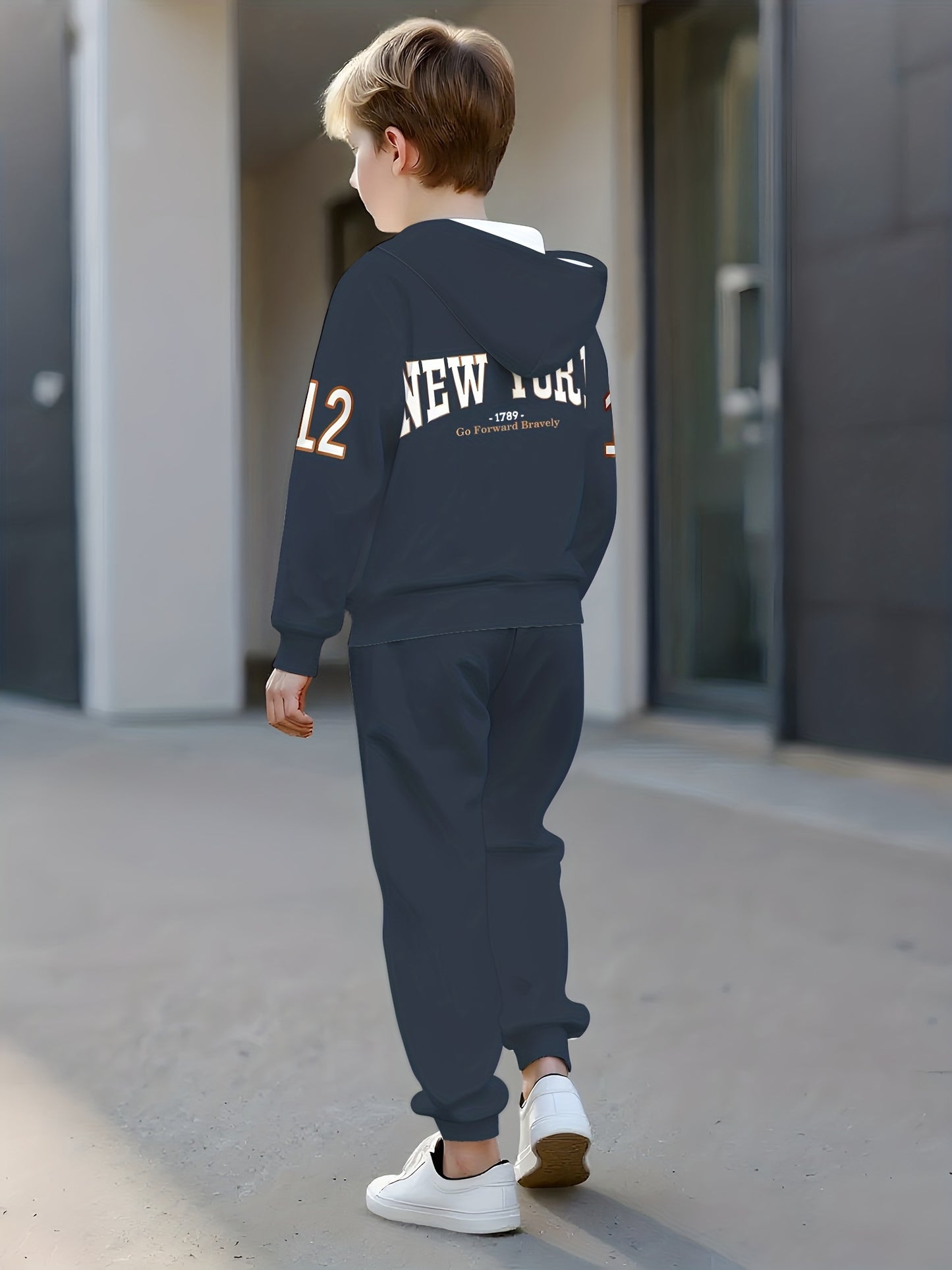 New York Element Print Boys Hoodie Set For Outdoor Activities