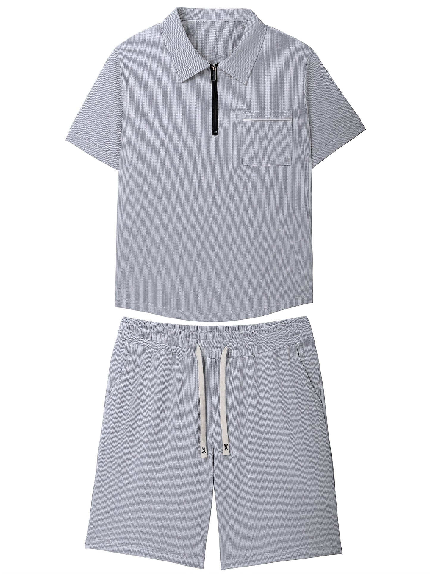 Men's Summer Casual Polo Shirt And Shorts Set With Pocket
