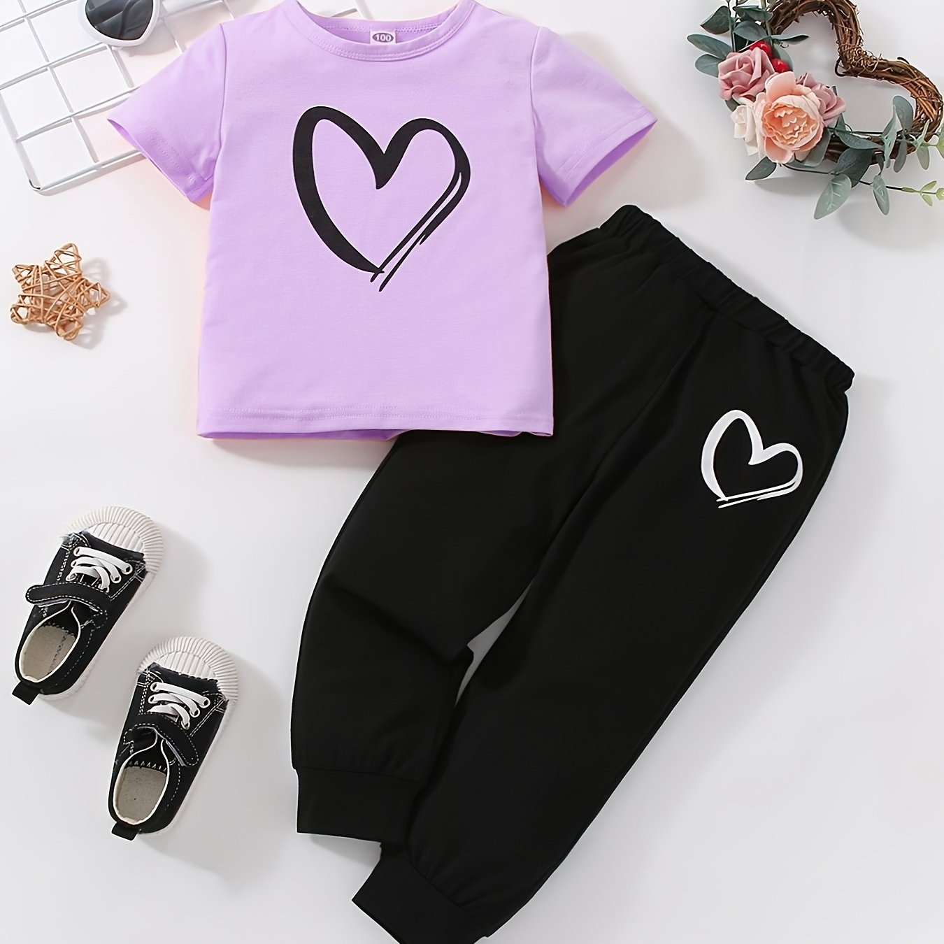 JOPGEEY Girls Heart Print 2pc T Shirt And Sweatpants Set