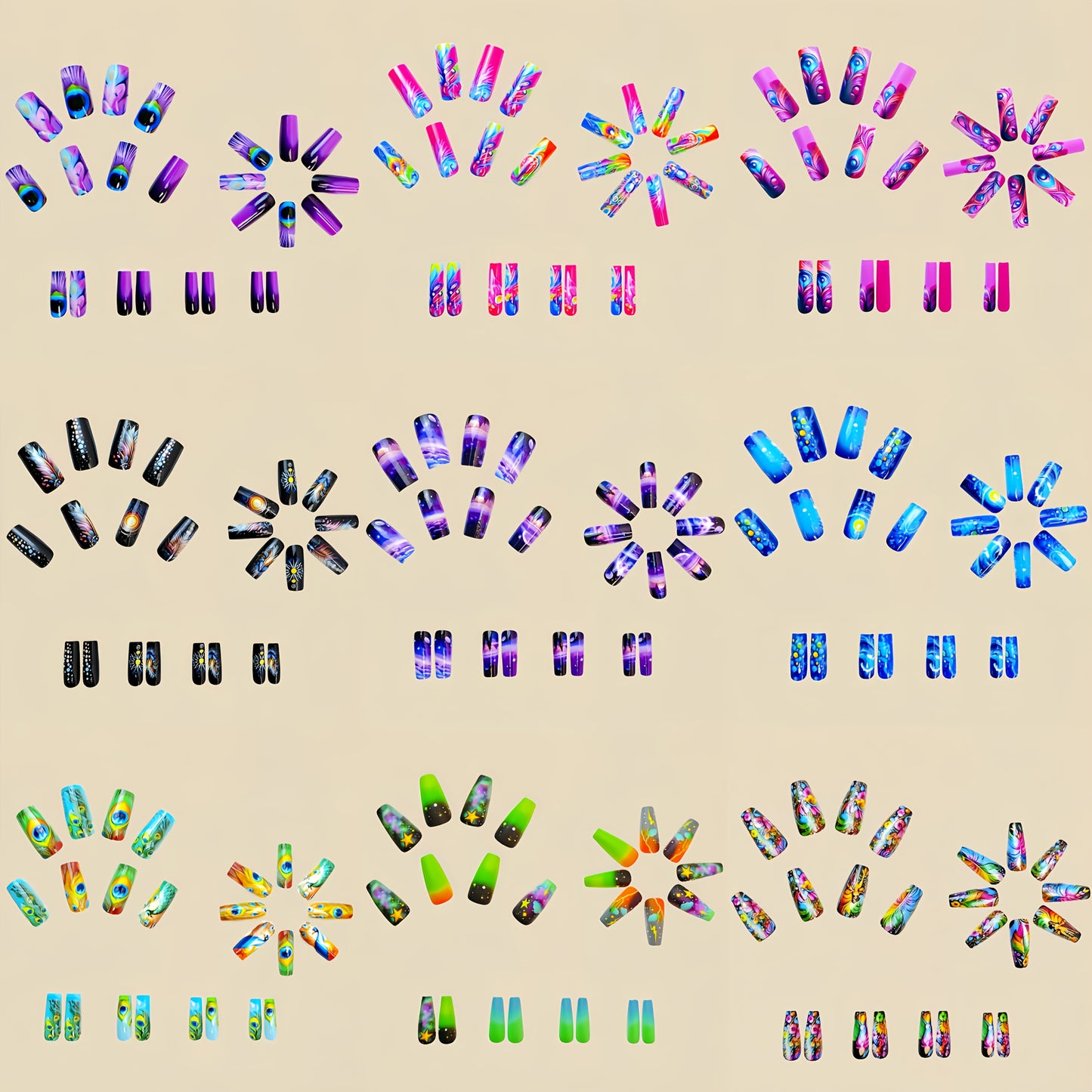 216 Pieces Press On Nail Set Floral Geometric Almond Glossy