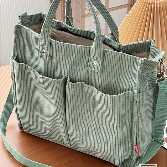 Chic Corduroy Tote Bag for Women - Multi-Pocket, Thickened Design with Striped Pattern, Black | Casual & Artistic Crossbody Shoulder Handbag, Harajuku, Autumn Winter, Student