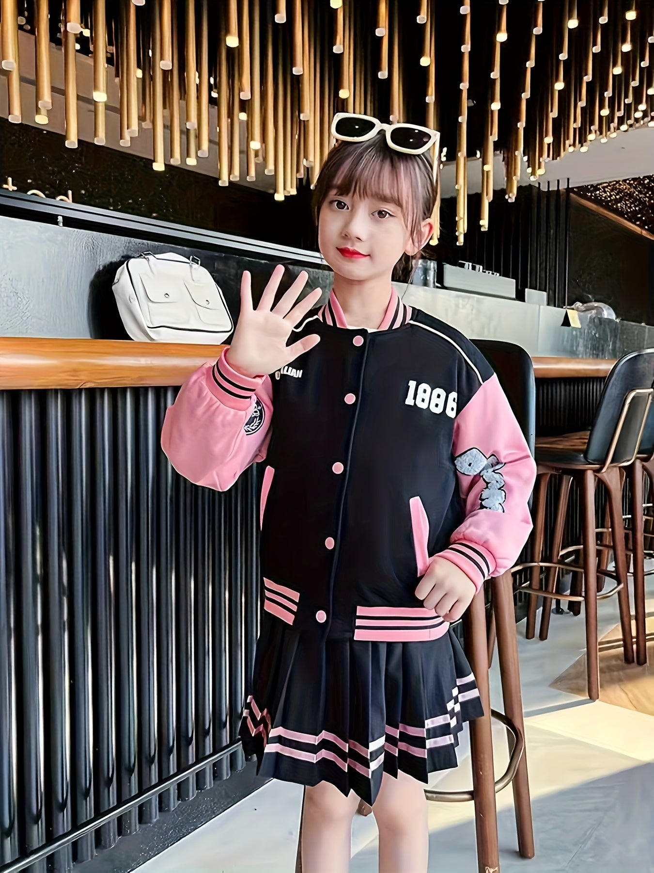 Girls Korean Style Pleated Skirt Set With Long Sleeve Top