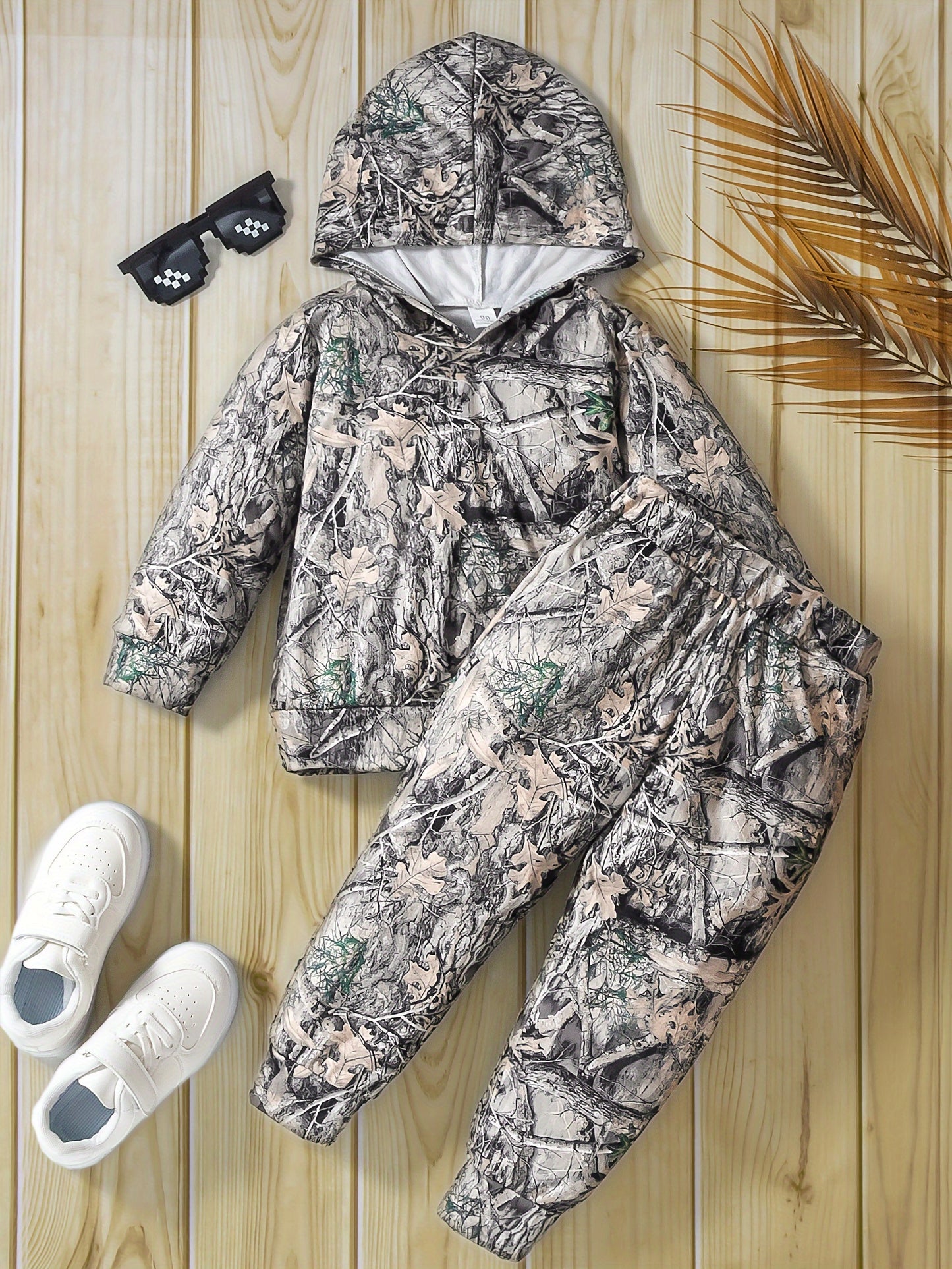 Boy's Camo Leaves Print Hooded Outfit Set