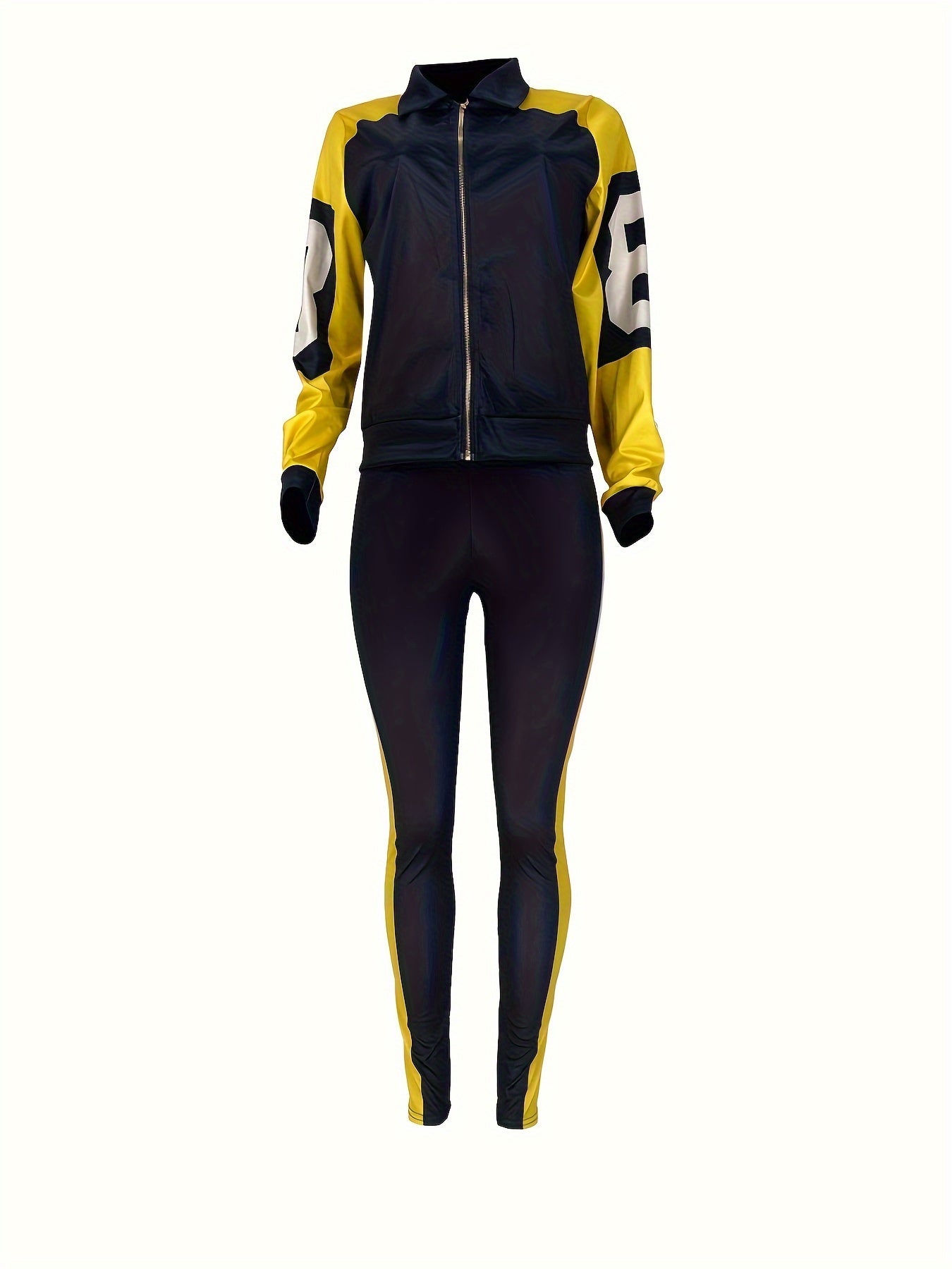 Color Block Two-piece Set, Casual Zip Up Jacket & Pants Outfits For Fall & Winter, Women's Clothing