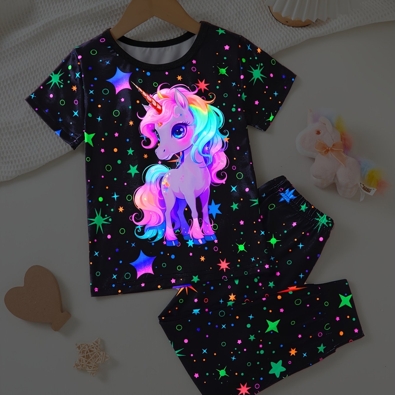 Girls Glow In The Dark Unicorn Pajama Set 2 Piece Outfit