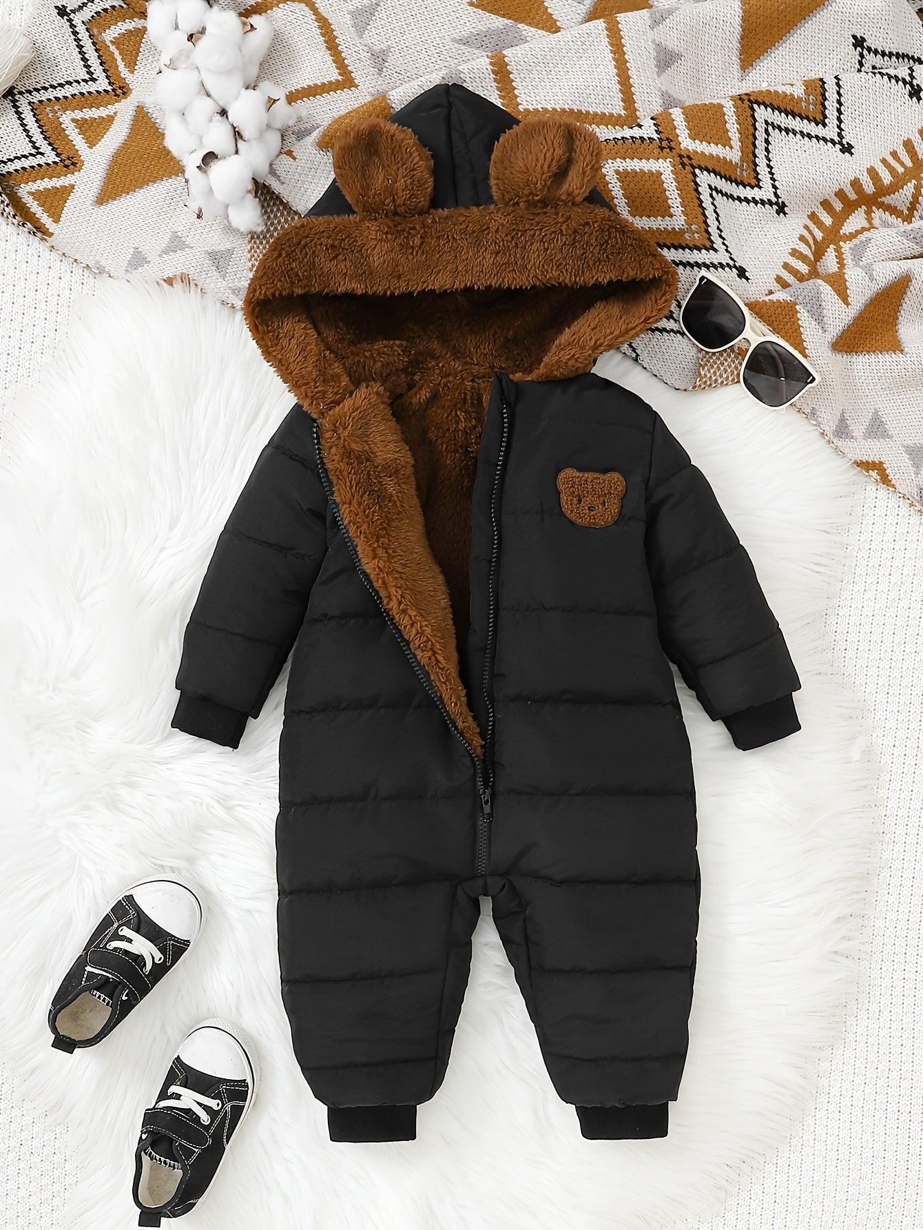 Baby Boy Winter Plush Hooded Jumpsuit for Outdoors