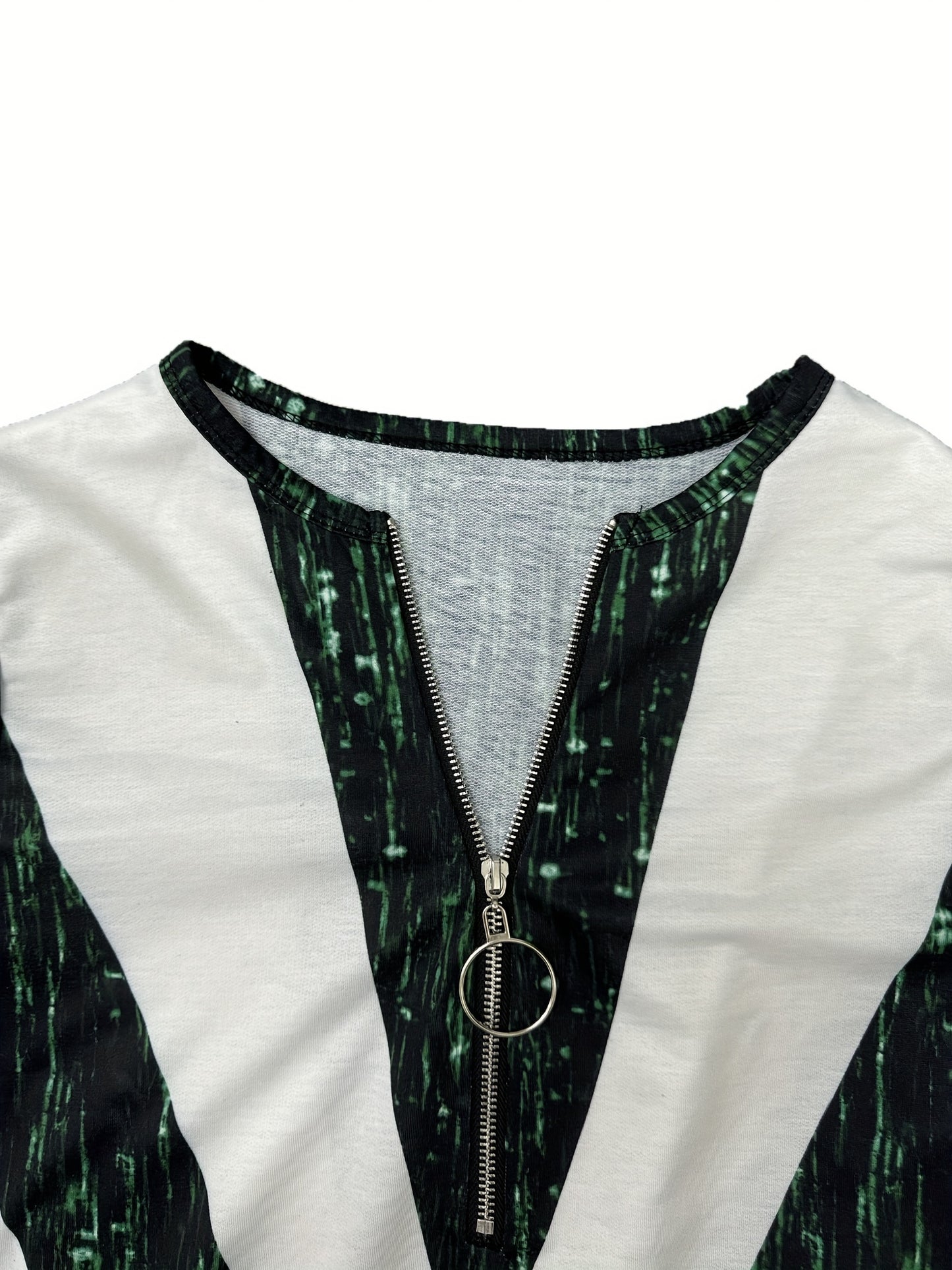 Colorblock Stripe Zip Front T Shirt Casual Long Sleeve Top
