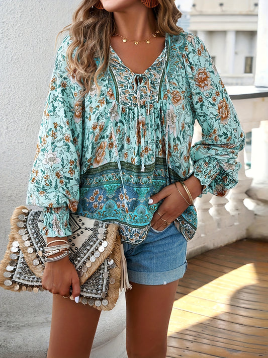 Floral Print V Neck Blouse With Drawstring Long Sleeve