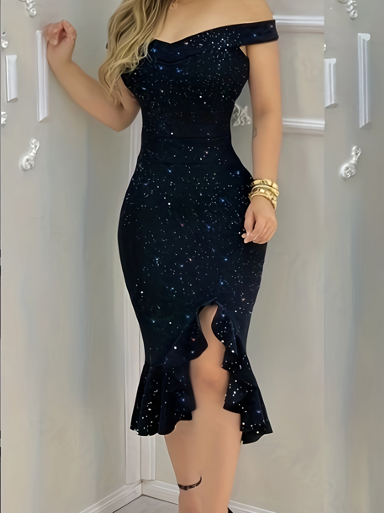 Elegant V Neck Solid Color Ladies Dress With Culotte Style