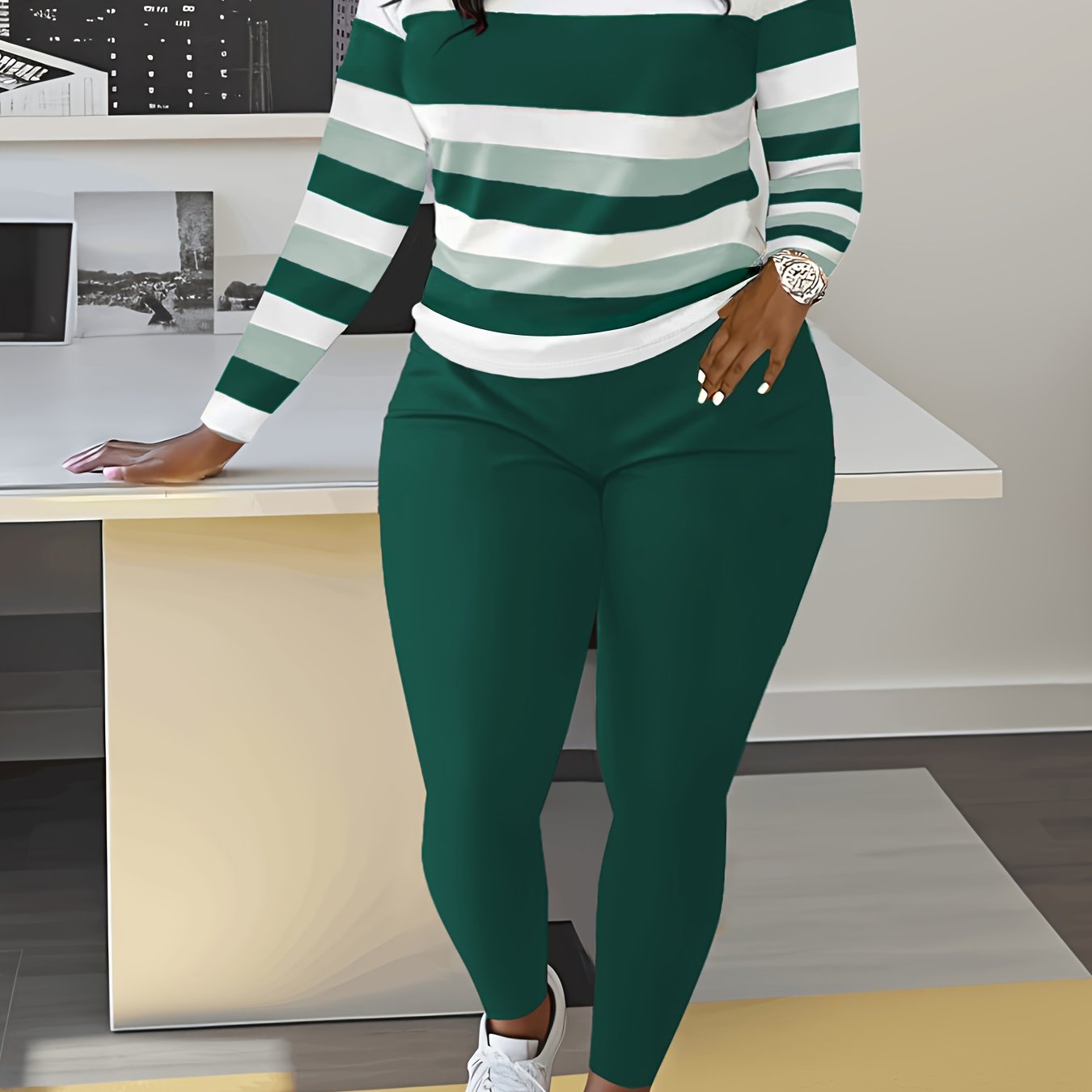 Two-piece Slim Matching Set: Long Sleeve Crew Neck Striped Color Block T-shirt & Solid Elastic Waist Pants Outfits for Women